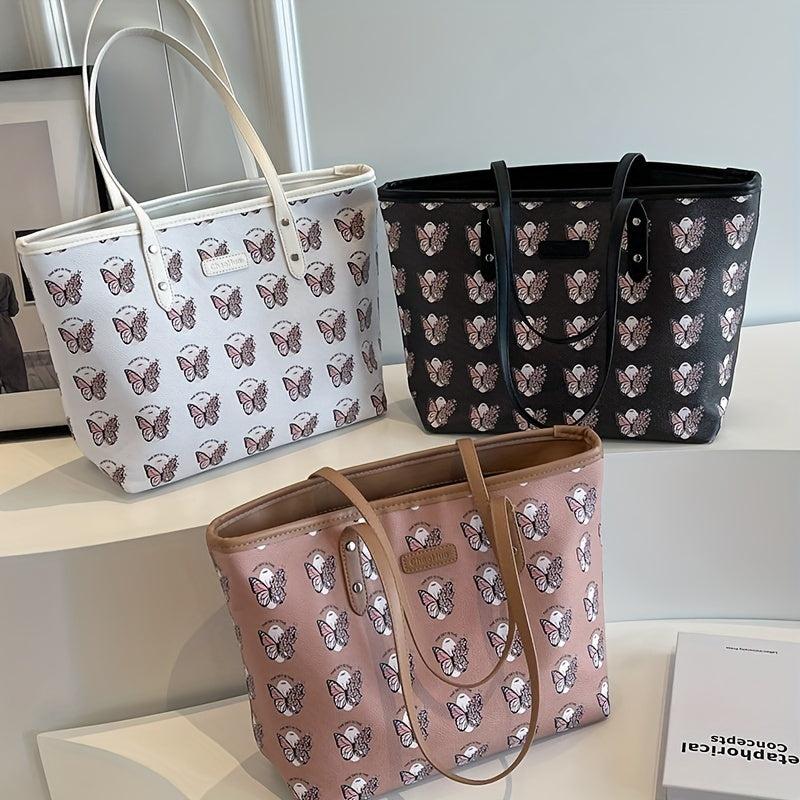 Flower Butterfly Print Tote Bag Vegan Leather Handbag