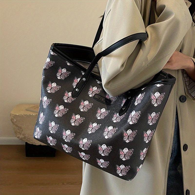 Flower Butterfly Print Tote Bag Vegan Leather Handbag