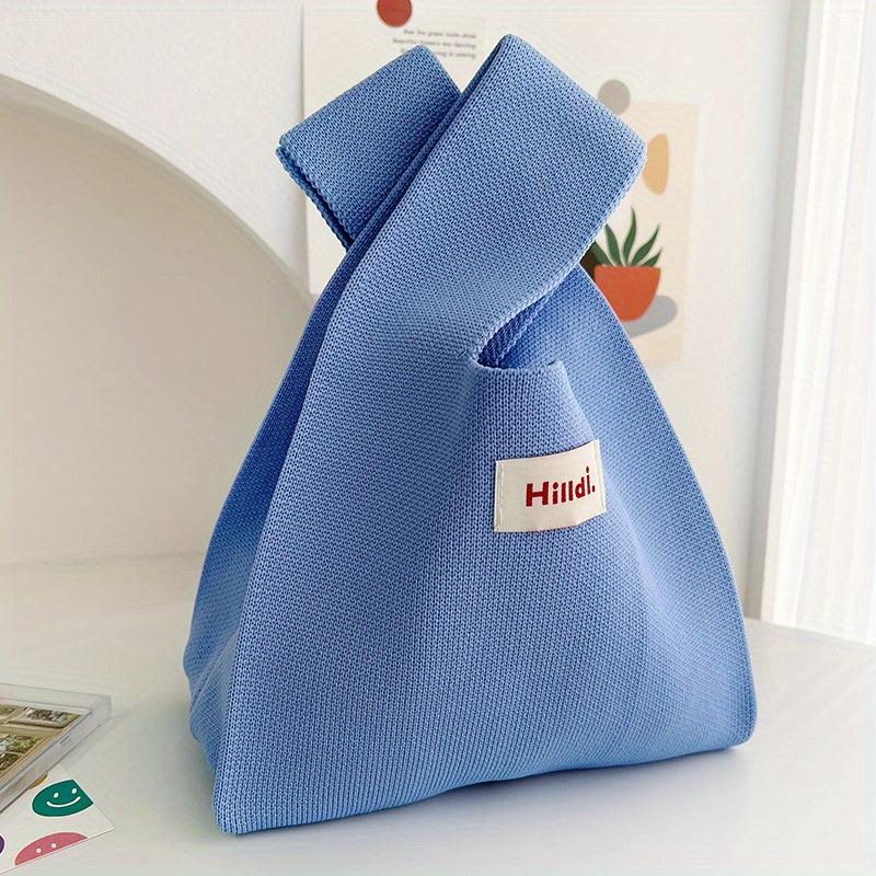 Letter Patch Decor Crochet Bag Solid Tote Handbag Knitted Wrist Bag