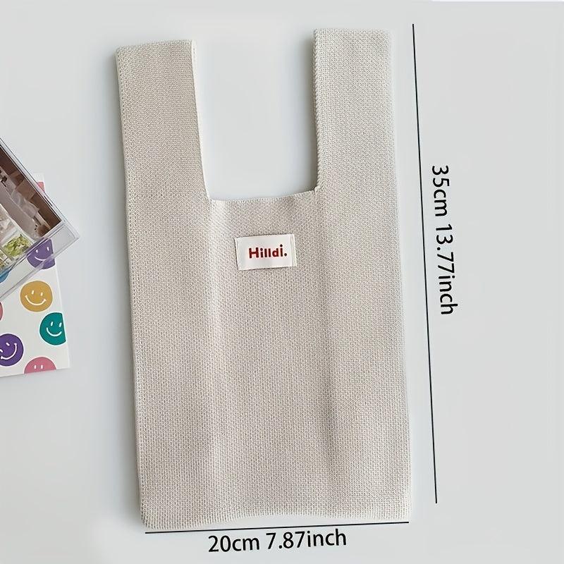 Letter Patch Decor Crochet Bag Solid Tote Handbag Knitted Wrist Bag