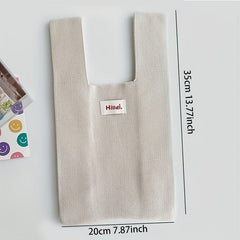 Letter Patch Decor Crochet Bag Solid Tote Handbag Knitted Wrist Bag