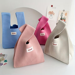 Letter Patch Decor Crochet Bag Solid Tote Handbag Knitted Wrist Bag