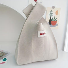 Letter Patch Decor Crochet Bag Solid Tote Handbag Knitted Wrist Bag