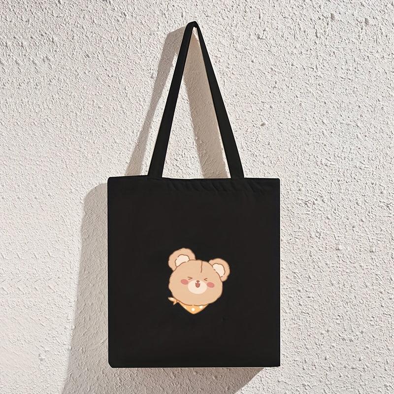 Bear Print Canvas Tote Bag Large Capacity Shoulder Bag For School & Shopping