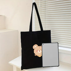 Bear Print Canvas Tote Bag Large Capacity Shoulder Bag For School & Shopping
