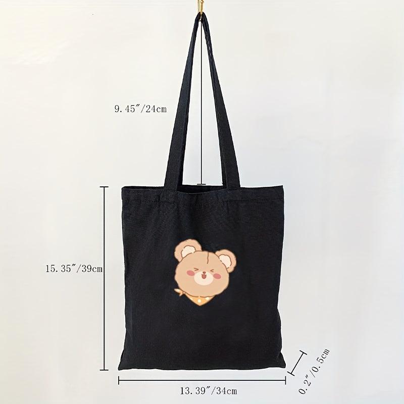 Bear Print Canvas Tote Bag Large Capacity Shoulder Bag For School & Shopping