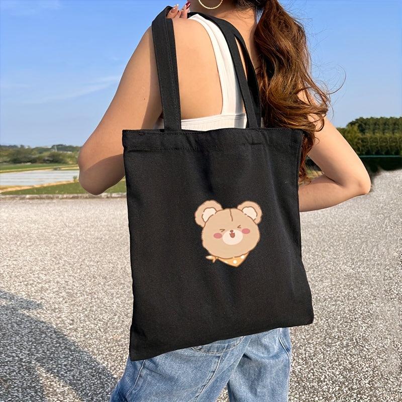 Bear Print Canvas Tote Bag Large Capacity Shoulder Bag For School & Shopping
