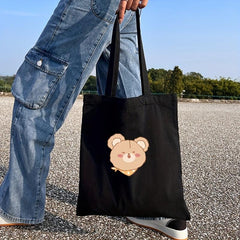 Bear Print Canvas Tote Bag Large Capacity Shoulder Bag For School & Shopping