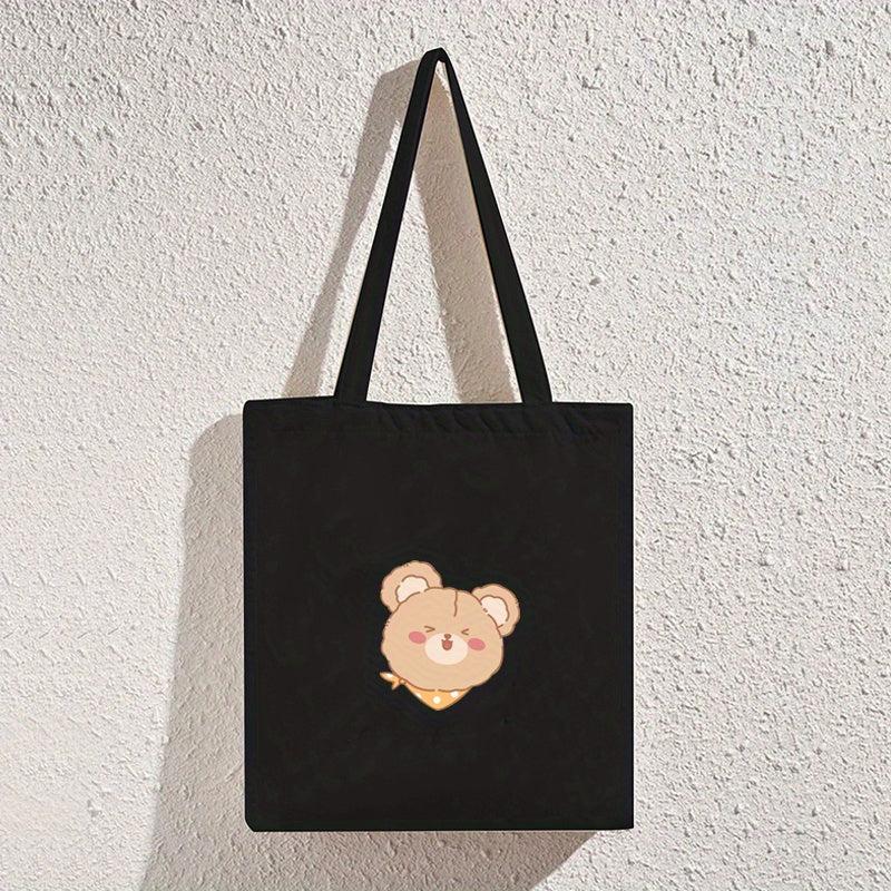 Bear Print Canvas Tote Bag Large Capacity Shoulder Bag For School & Shopping
