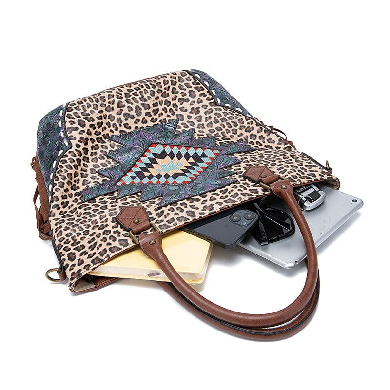 Leopard Pattern Tote Bag Fringe Trim Shoulder Bag