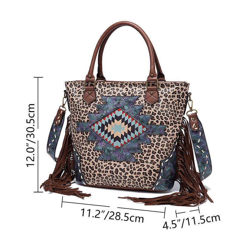 Leopard Pattern Tote Bag Fringe Trim Shoulder Bag