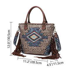Leopard Pattern Tote Bag Fringe Trim Shoulder Bag