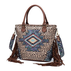 Leopard Pattern Tote Bag Fringe Trim Shoulder Bag