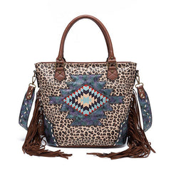 Leopard Pattern Tote Bag Fringe Trim Shoulder Bag