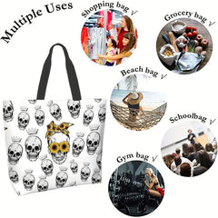 Skull & Sunflower Pattern Tote Bag Large Capacity Halloween Storage Shoulder Bag