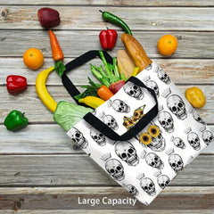 Skull & Sunflower Pattern Tote Bag Large Capacity Halloween Storage Shoulder Bag