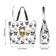 Skull & Sunflower Pattern Tote Bag Large Capacity Halloween Storage Shoulder Bag
