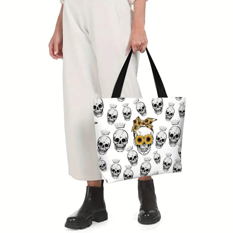 Skull & Sunflower Pattern Tote Bag Large Capacity Halloween Storage Shoulder Bag