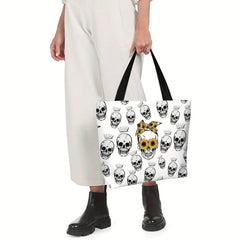 Skull & Sunflower Pattern Tote Bag Large Capacity Halloween Storage Shoulder Bag