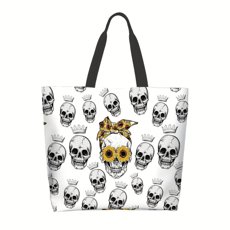 Skull & Sunflower Pattern Tote Bag Large Capacity Halloween Storage Shoulder Bag