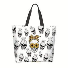 Skull & Sunflower Pattern Tote Bag Large Capacity Halloween Storage Shoulder Bag