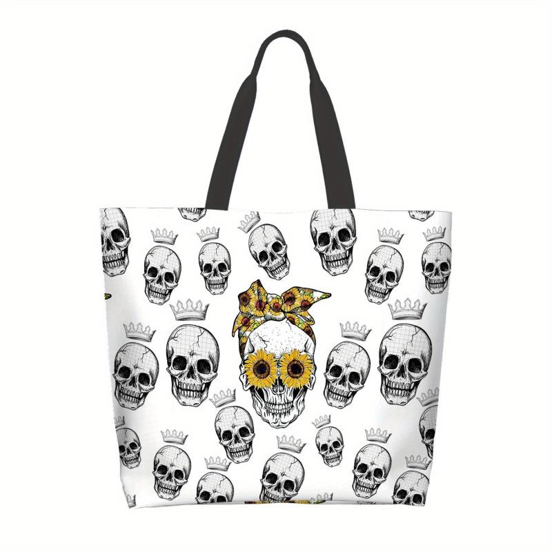 Skull & Sunflower Pattern Tote Bag Large Capacity Halloween Storage Shoulder Bag