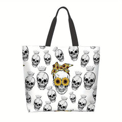 Skull & Sunflower Pattern Tote Bag Large Capacity Halloween Storage Shoulder Bag