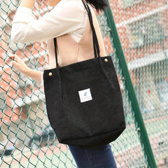 Corduroy Tote Bag Reusable Shopping Bag with Letter Patch