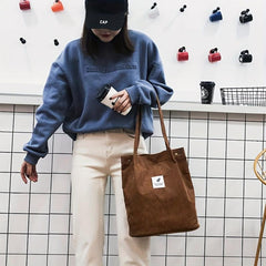 Corduroy Tote Bag Reusable Shopping Bag with Letter Patch