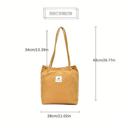 Corduroy Tote Bag Reusable Shopping Bag with Letter Patch