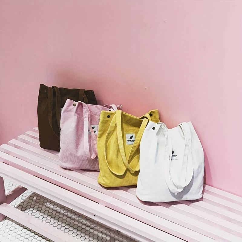 Corduroy Tote Bag Reusable Shopping Bag with Letter Patch
