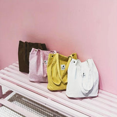 Corduroy Tote Bag Reusable Shopping Bag with Letter Patch