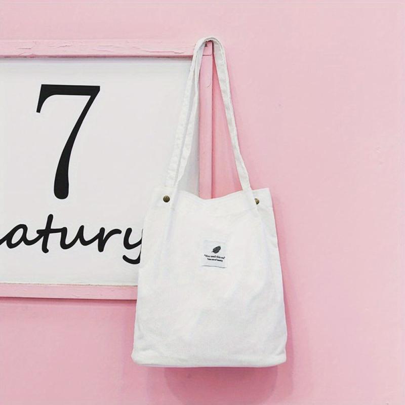 Corduroy Tote Bag Reusable Shopping Bag with Letter Patch