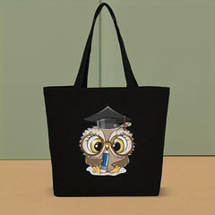 Cartoon Owl Pattern Tote Canvas Bag Lightweight Shoulder Bag