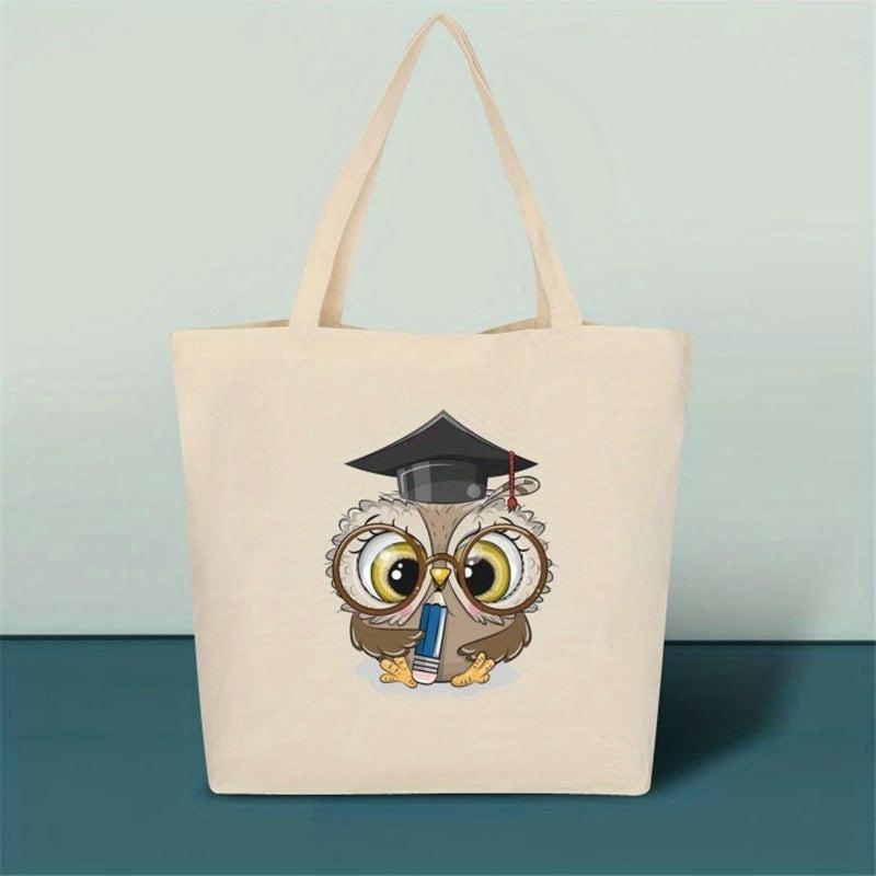 Cartoon Owl Pattern Tote Canvas Bag Lightweight Shoulder Bag
