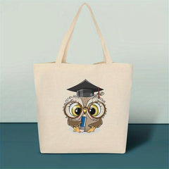 Cartoon Owl Pattern Tote Canvas Bag Lightweight Shoulder Bag