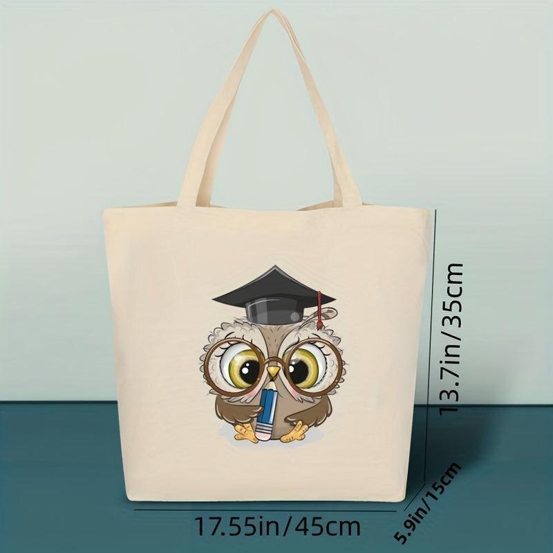 Cartoon Owl Pattern Tote Canvas Bag Lightweight Shoulder Bag