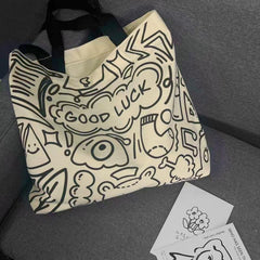 Cartoon Graffiti Print Tote Bag Lightweight Canvas Shoulder Bag