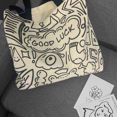 Cartoon Graffiti Print Tote Bag Lightweight Canvas Shoulder Bag