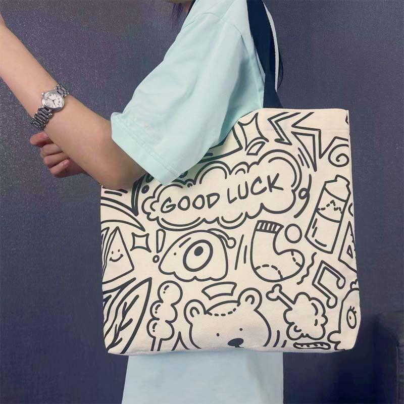 Cartoon Graffiti Print Tote Bag Lightweight Canvas Shoulder Bag