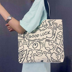Cartoon Graffiti Print Tote Bag Lightweight Canvas Shoulder Bag