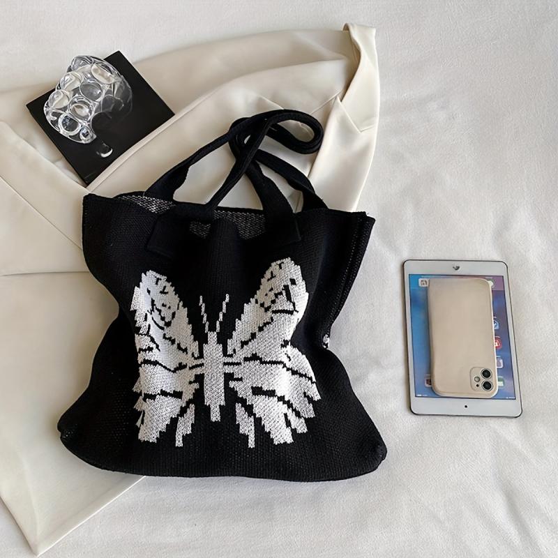 Knitted Butterfly Pattern Large Tote Hobo Bag Lightweight Shoulder Shopping Bag