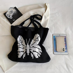 Knitted Butterfly Pattern Large Tote Hobo Bag Lightweight Shoulder Shopping Bag