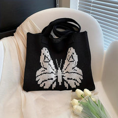 Knitted Butterfly Pattern Large Tote Hobo Bag Lightweight Shoulder Shopping Bag