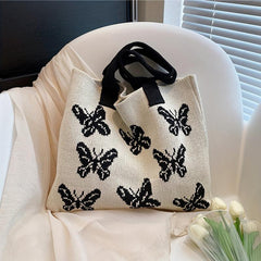 Knitted Butterfly Pattern Large Tote Hobo Bag Lightweight Shoulder Shopping Bag