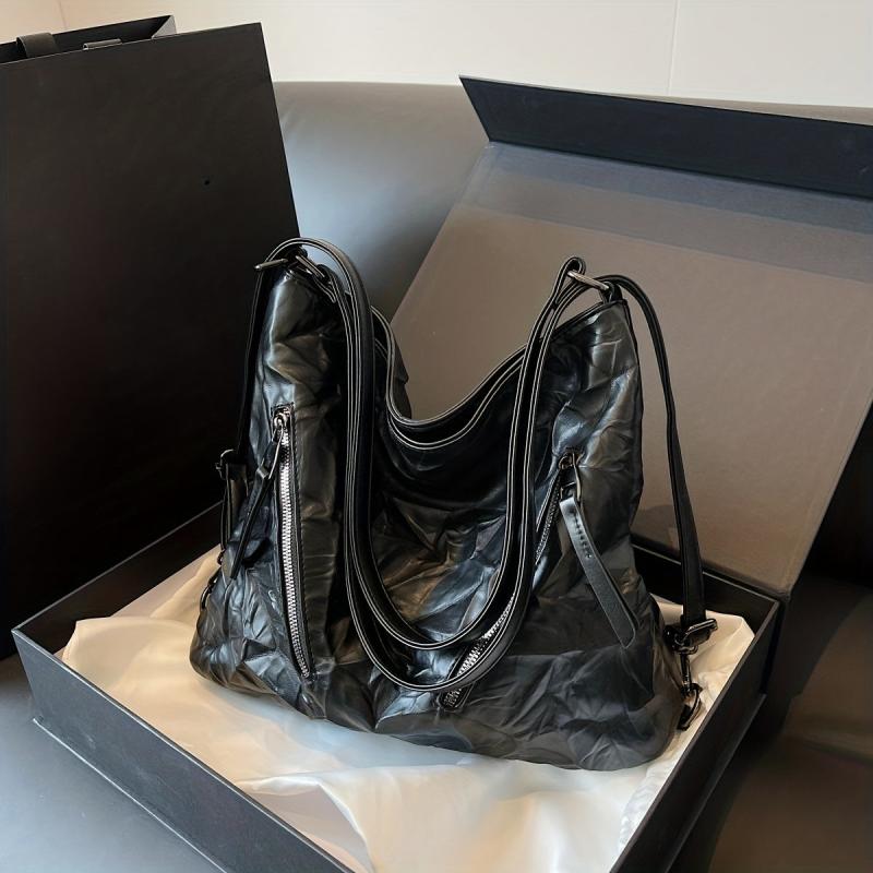 Pleated Tote Hobo Bag PU Leather Shoulder Bag