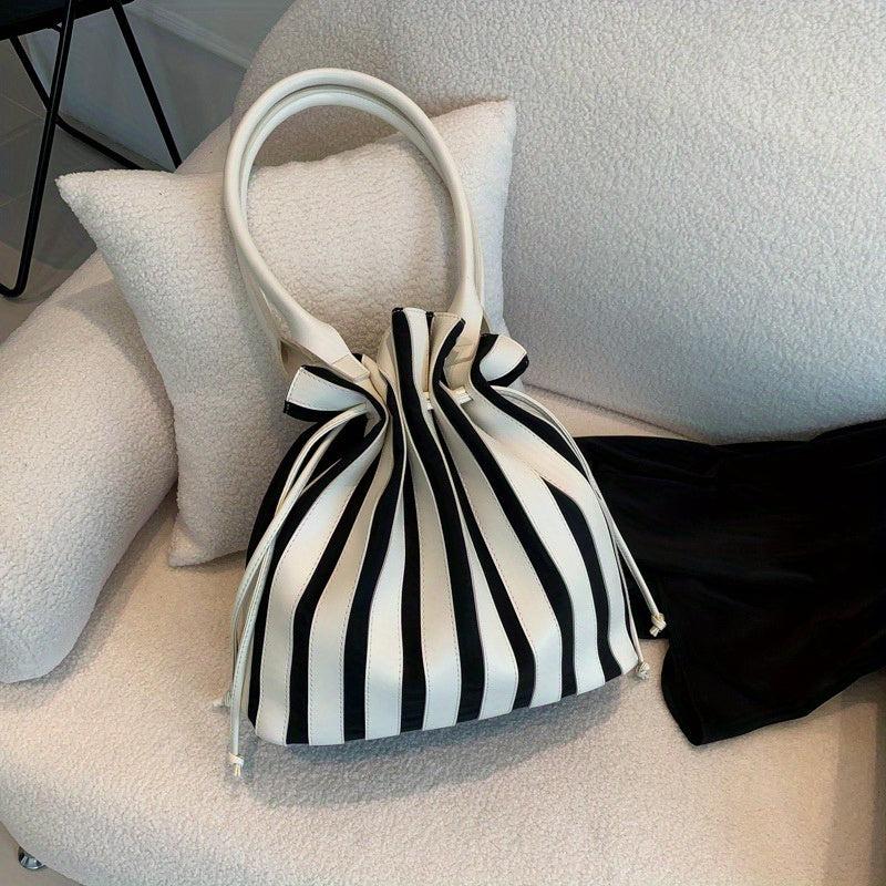 Striped Pattern Drawstring Bucket Bag Large Capacity Tote Bag