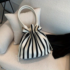 Striped Pattern Drawstring Bucket Bag Large Capacity Tote Bag