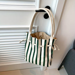 Striped Pattern Drawstring Bucket Bag Large Capacity Tote Bag