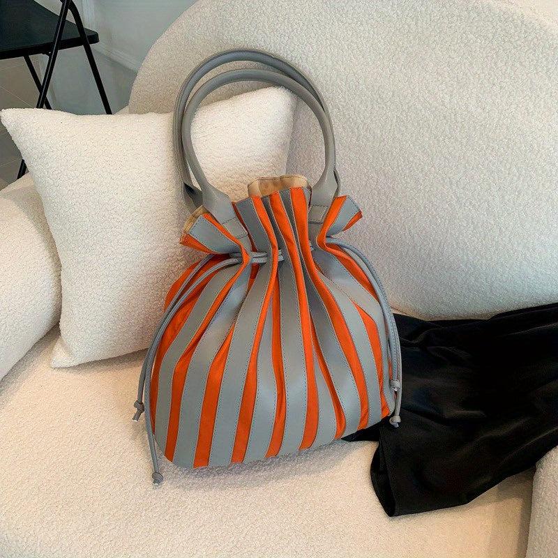 Striped Pattern Drawstring Bucket Bag Large Capacity Tote Bag